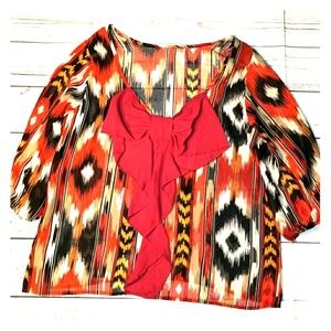 Sheer Tribal Print Bow Back Blouse